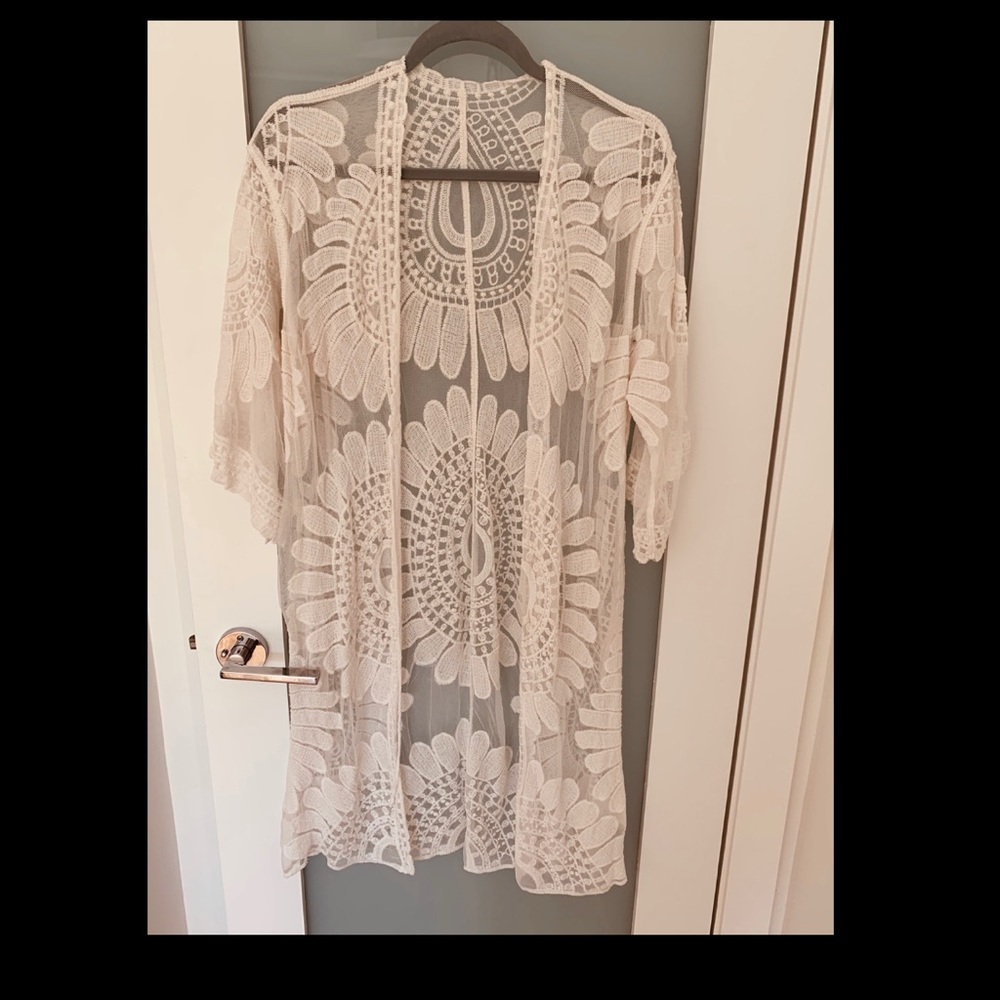 White lace see through beach cover up kimono